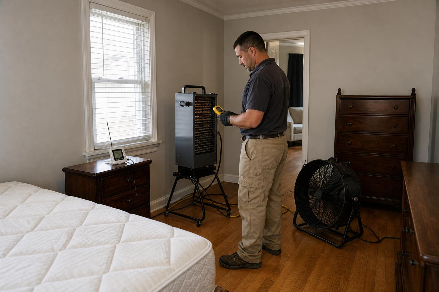 Bedroom prepared for a 24-hour bed bug heat treatment with a heater unit, fan and temperature probe