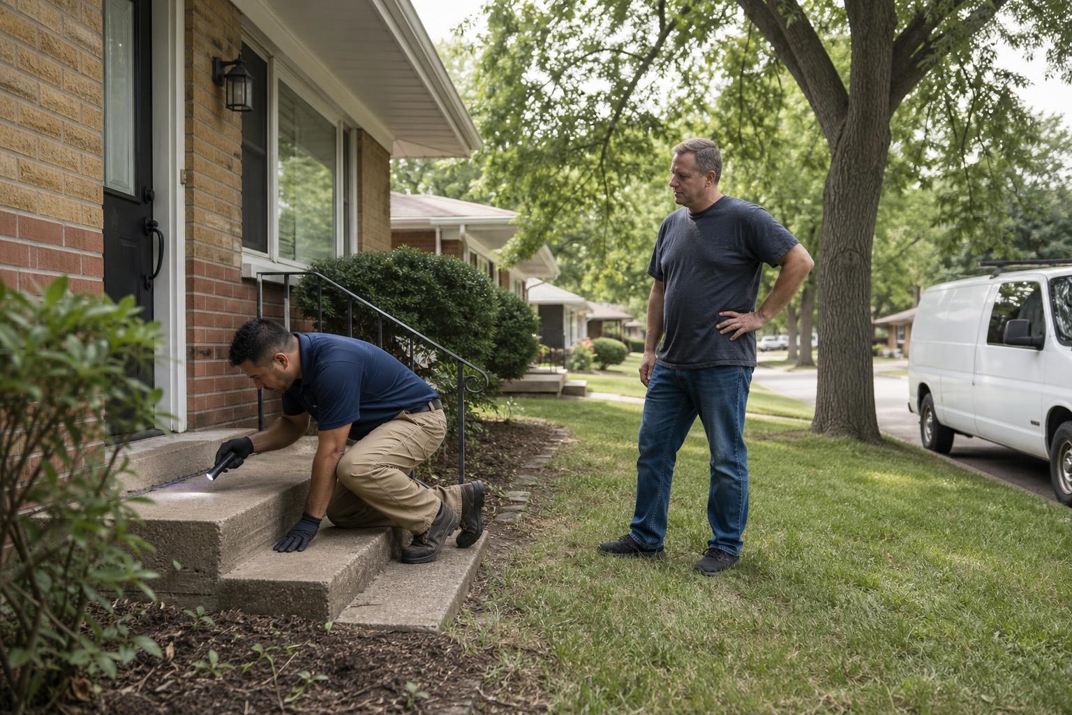 Pest control technician inspecting the porch foundation of a brick ranch home in Evansville, Indiana while the homeowner looks on