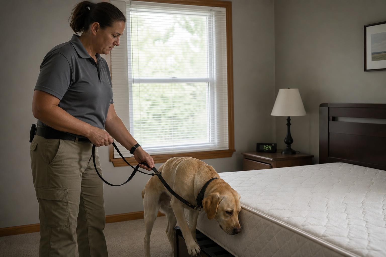 Handler guiding a scent-detection Labrador along a mattress seam during an independent bed bug verification inspection