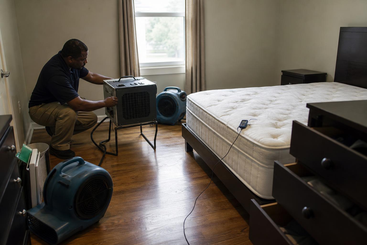 Bedroom set up for a 24-hour bed bug heat treatment with a heater unit and temperature probe