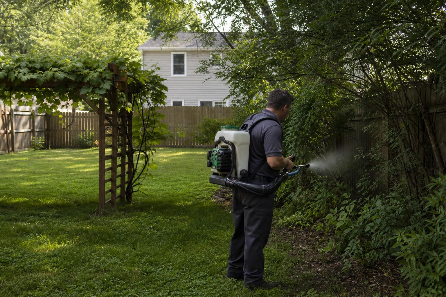 Backyard mosquito treatment being applied along a shaded tree line