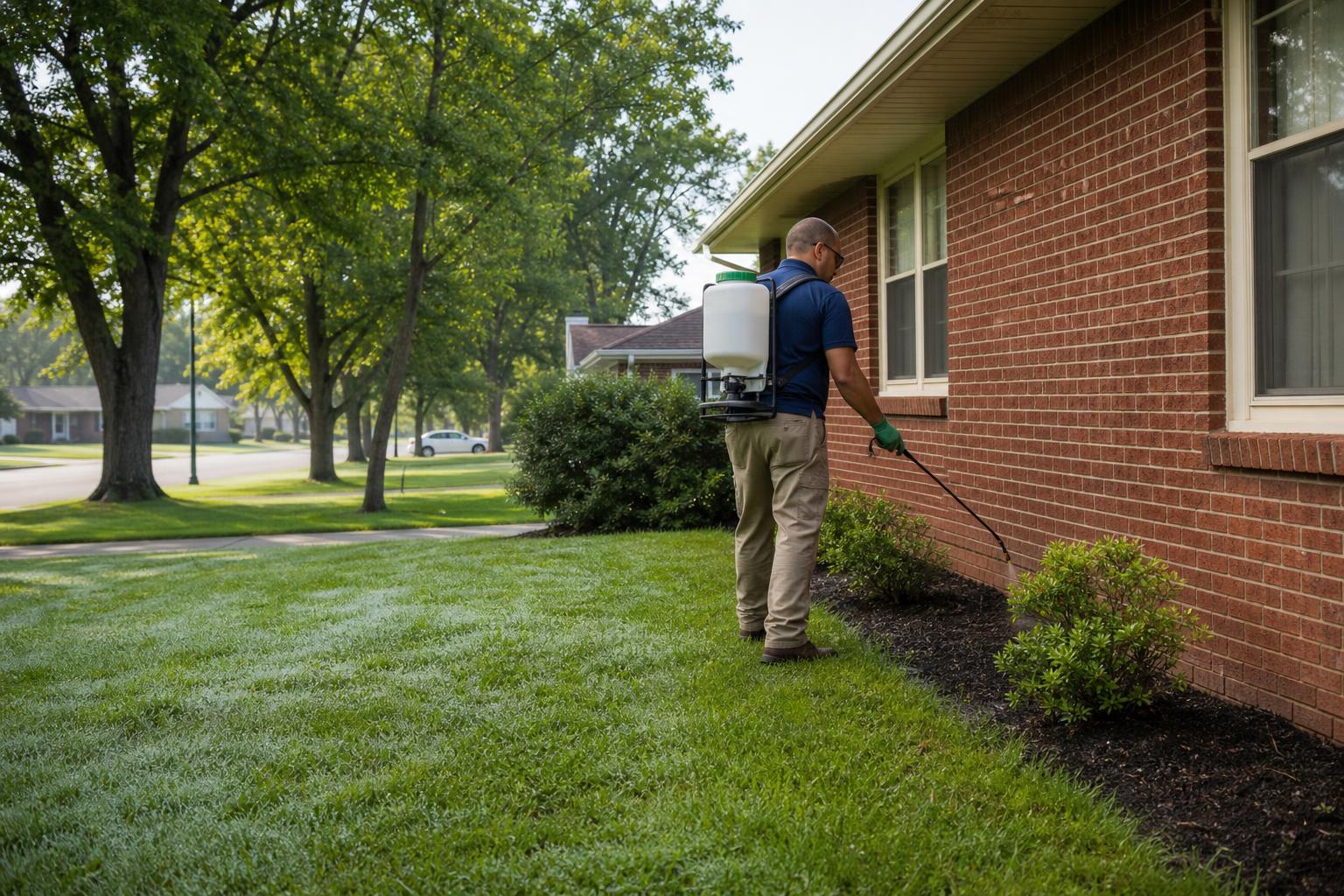 Pest control technician servicing the exterior of an Evansville-area home on a recurring plan