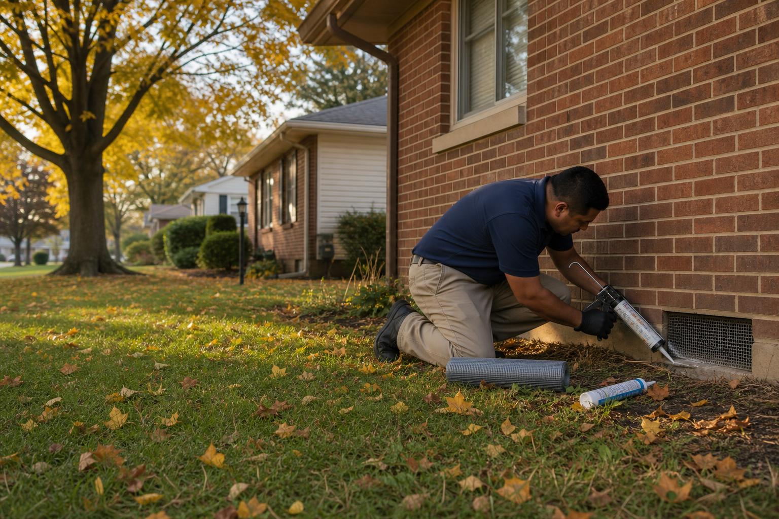 Technician sealing an entry point and setting a bait station for rodent control