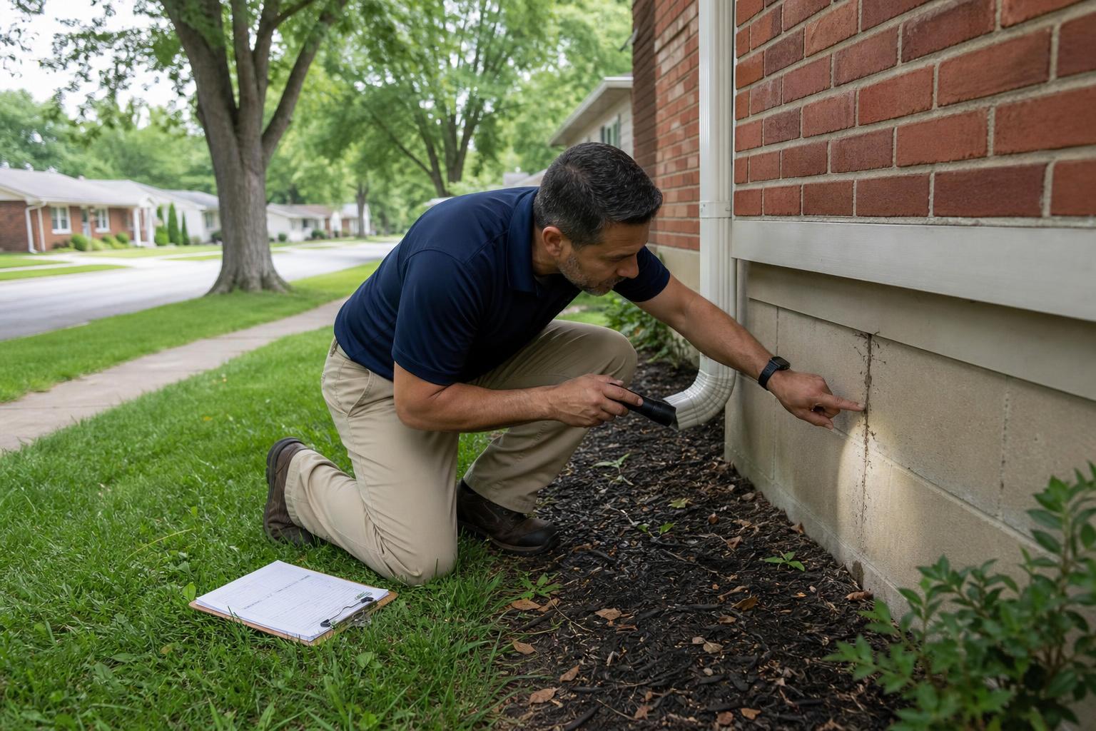 Technician inspecting a home's wood framing and foundation for signs of termites